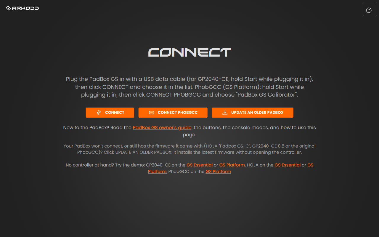 The Configurator's connect screen with the CONNECT, CONNECT PHOBGCC and UPDATE AN OLDER PADBOX buttons