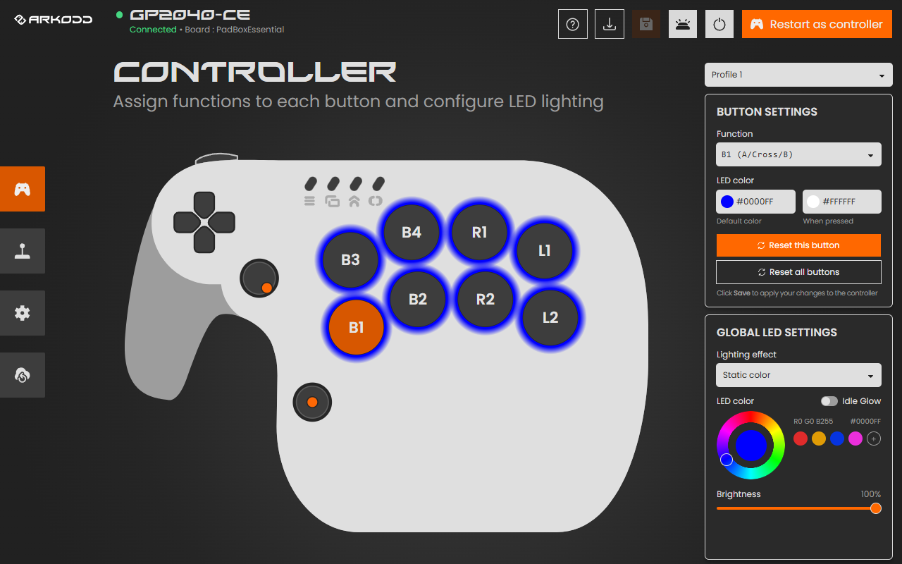 The CONTROLLER page in GP2040-CE with the 1K button selected and its BUTTON SETTINGS panel open