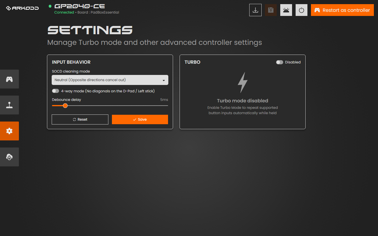 The GP2040-CE SETTINGS page with Input behavior and Turbo panels