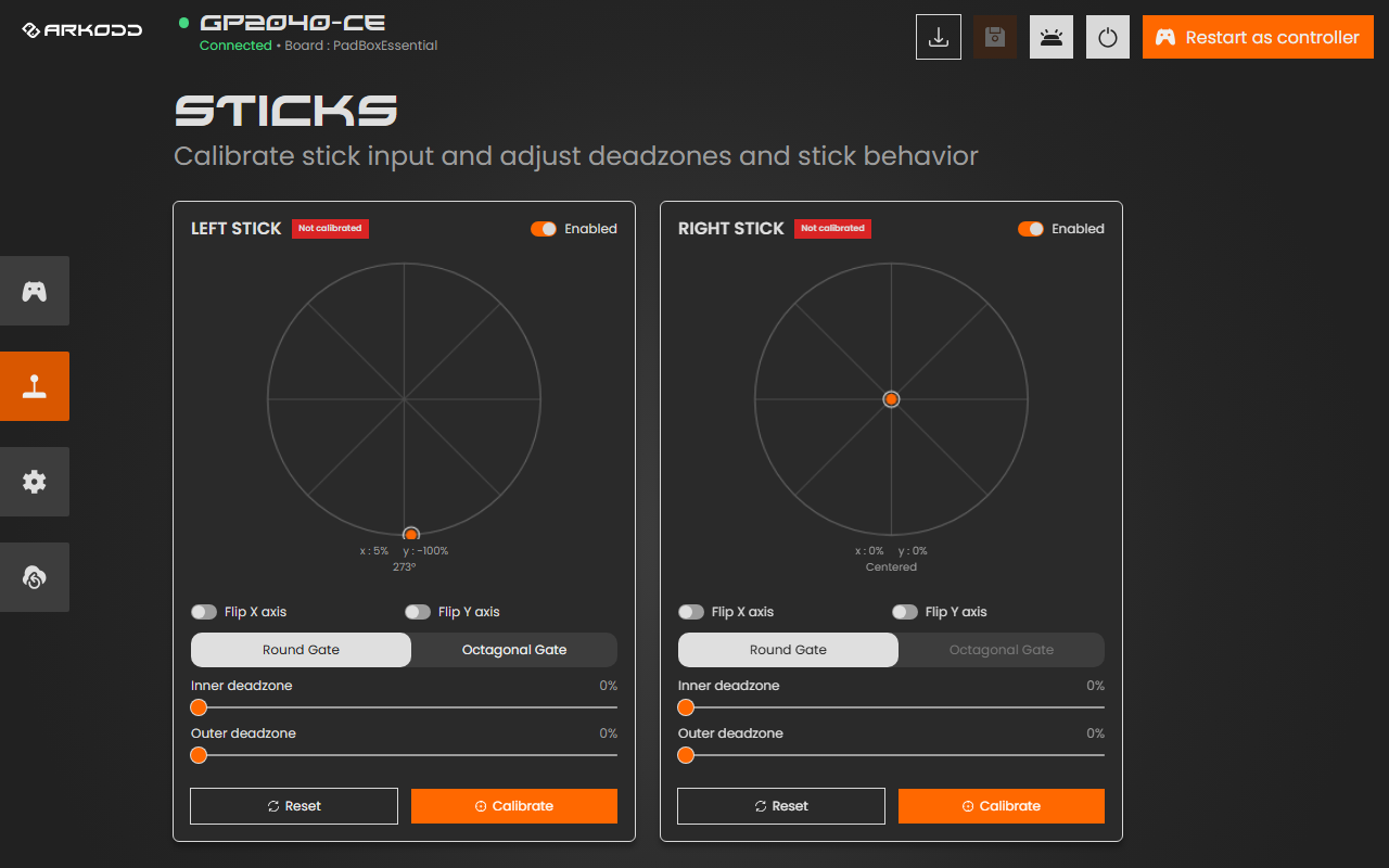 The STICKS page with a left and right stick panel, each with a gate drawing, flip switches and deadzone sliders