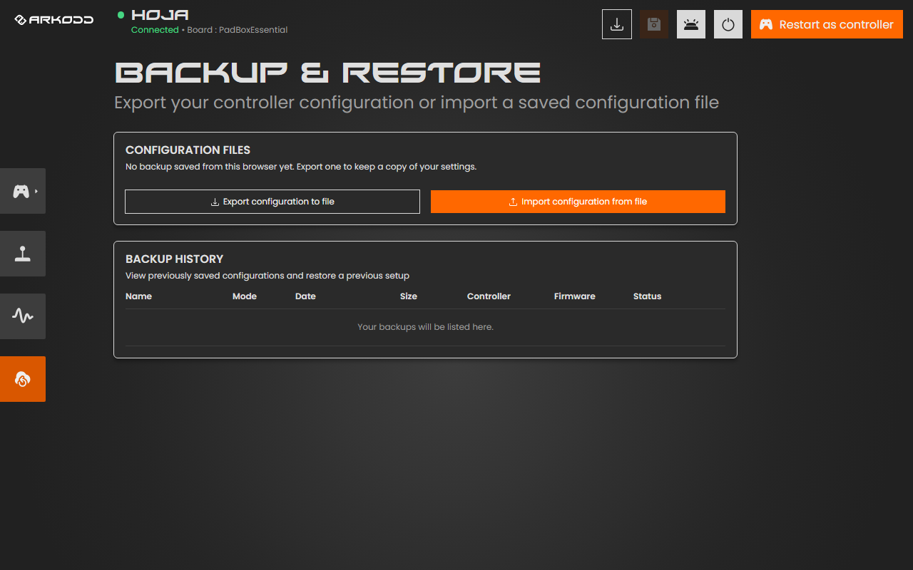 The BACKUP & RESTORE page with export and import buttons and a backup history table