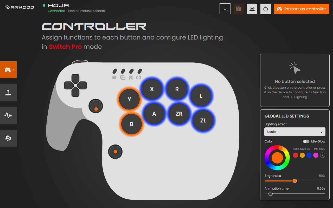The CONTROLLER page in HOJA, Switch Pro mode, with button names like A, B, X, Y, L, R, ZL and ZR