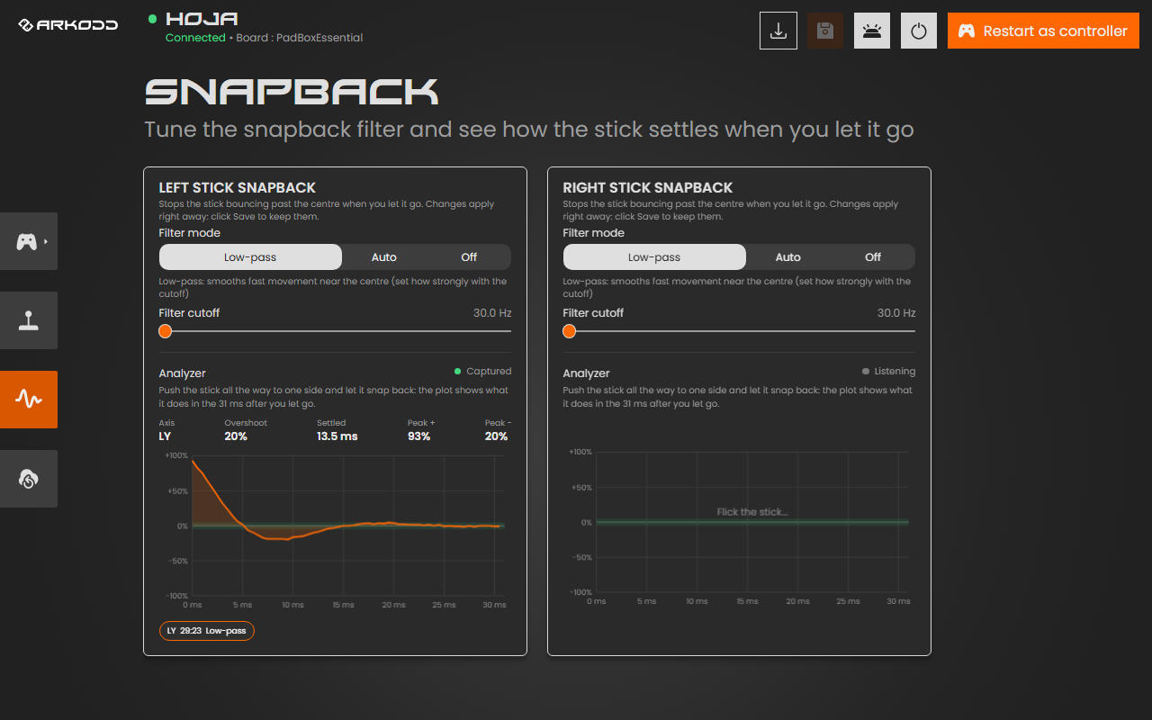 The SNAPBACK page with Filter mode, Filter cutoff and an analyzer graph for each stick