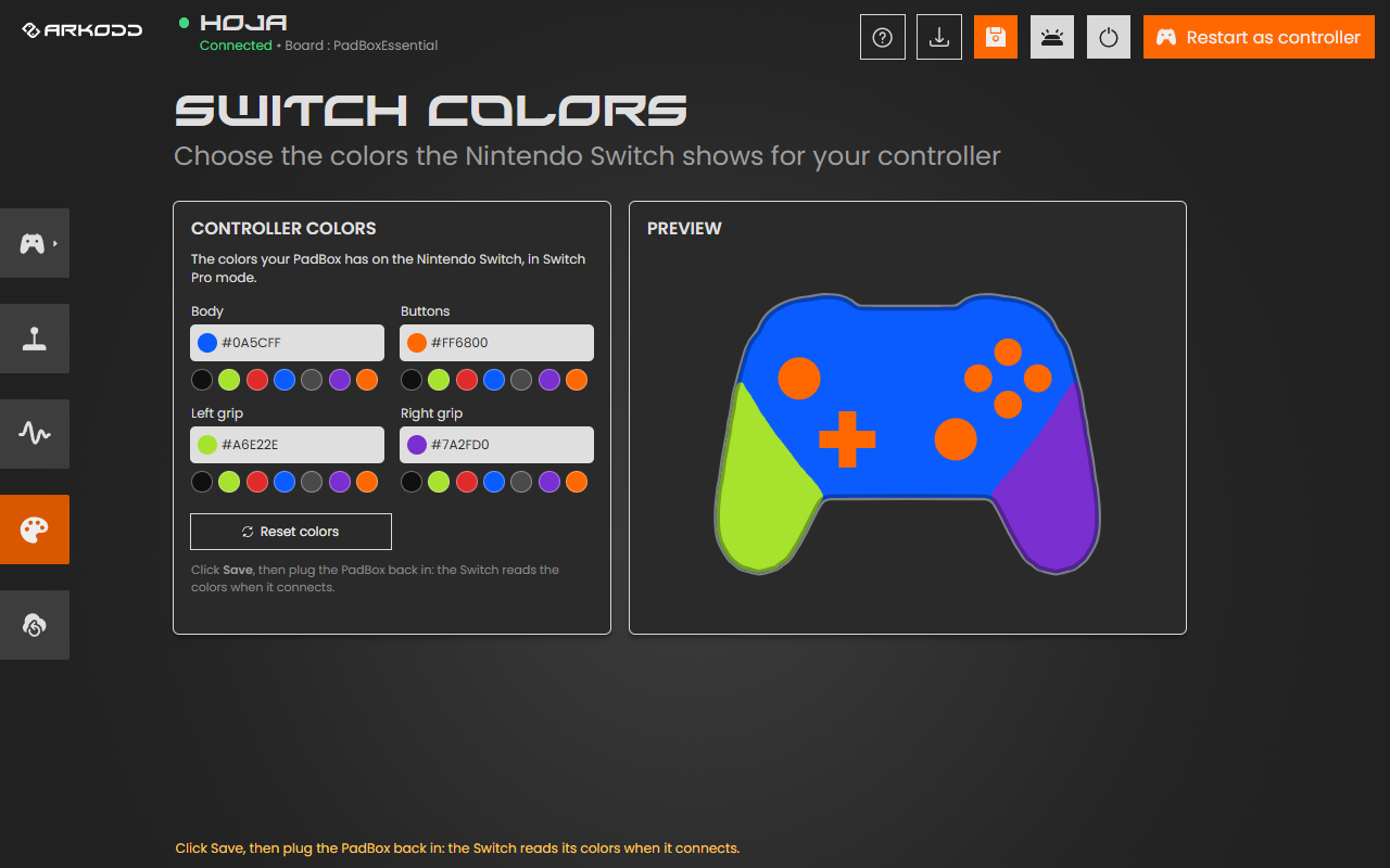The SWITCH COLORS page with color boxes for Body, Buttons, Left grip and Right grip set to electric blue, orange, lime green and purple, and a preview of the controller in those colors