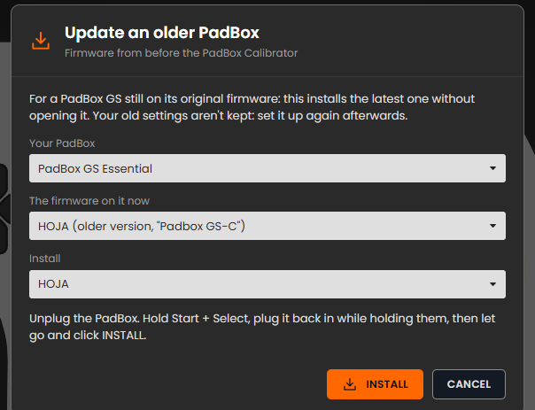 The Update an older PadBox window with Your PadBox, The firmware on it now and Install menus, and a RESTART IN UPDATE MODE button