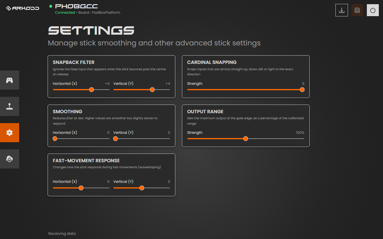 The PhobGCC SETTINGS page with five boxes: snapback filter, cardinal snapping, smoothing, output range and fast-movement response