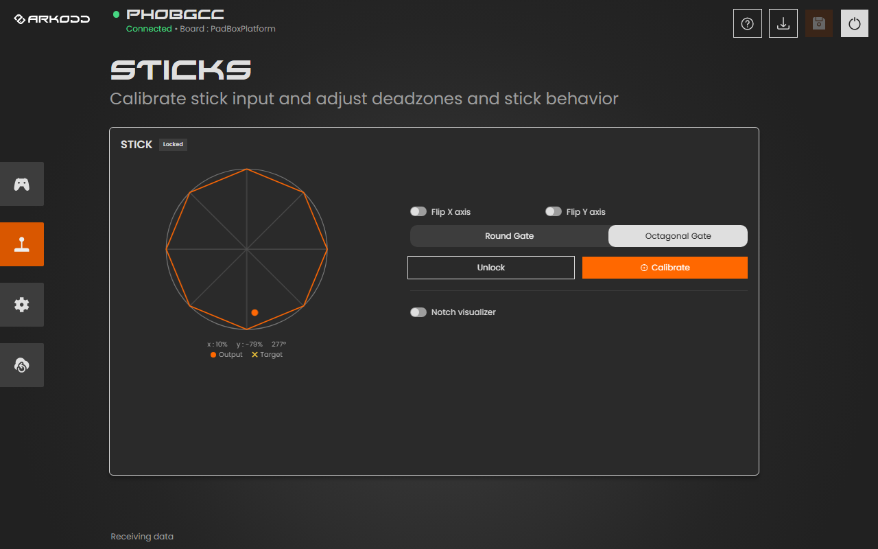 The PhobGCC STICKS page with the gate, Unlock and Calibrate buttons and the Notch visualizer switch